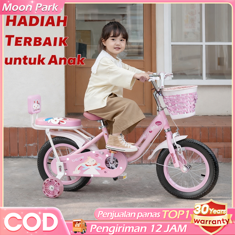 BEIGE Sepeda Anak Perempuan Sepeda Anak Roda 4 Keranjang Roda Bantu 3-8 Tahun Sepeda Rangka Lampu