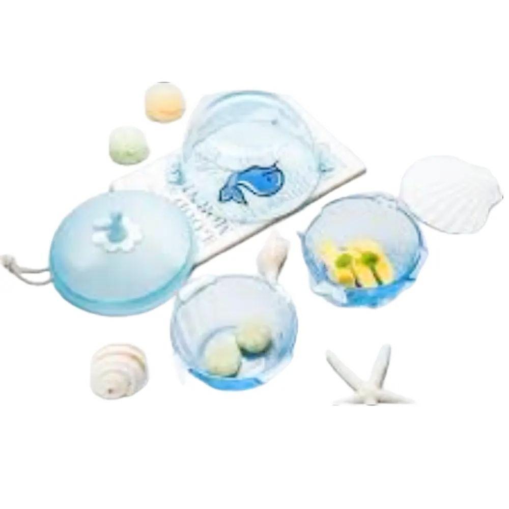 Mangkok Saji Set /  Wadah saji kaca Set motif cantik [ 3 pcs mangkok + 1 tutup ]