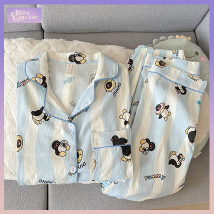 Baju Tidur Katun Crinkle Wanita Setelan Panjang Premium Pengiun Garis Garis Biru