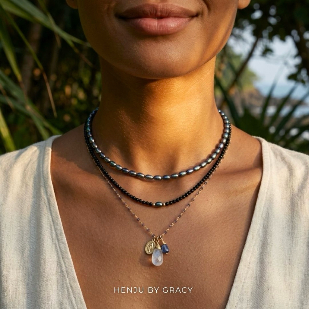 Henju by Gracy | Peacock Pearl Necklace | Black Spinel Necklace with Peacock Pearl | Iolite Necklace