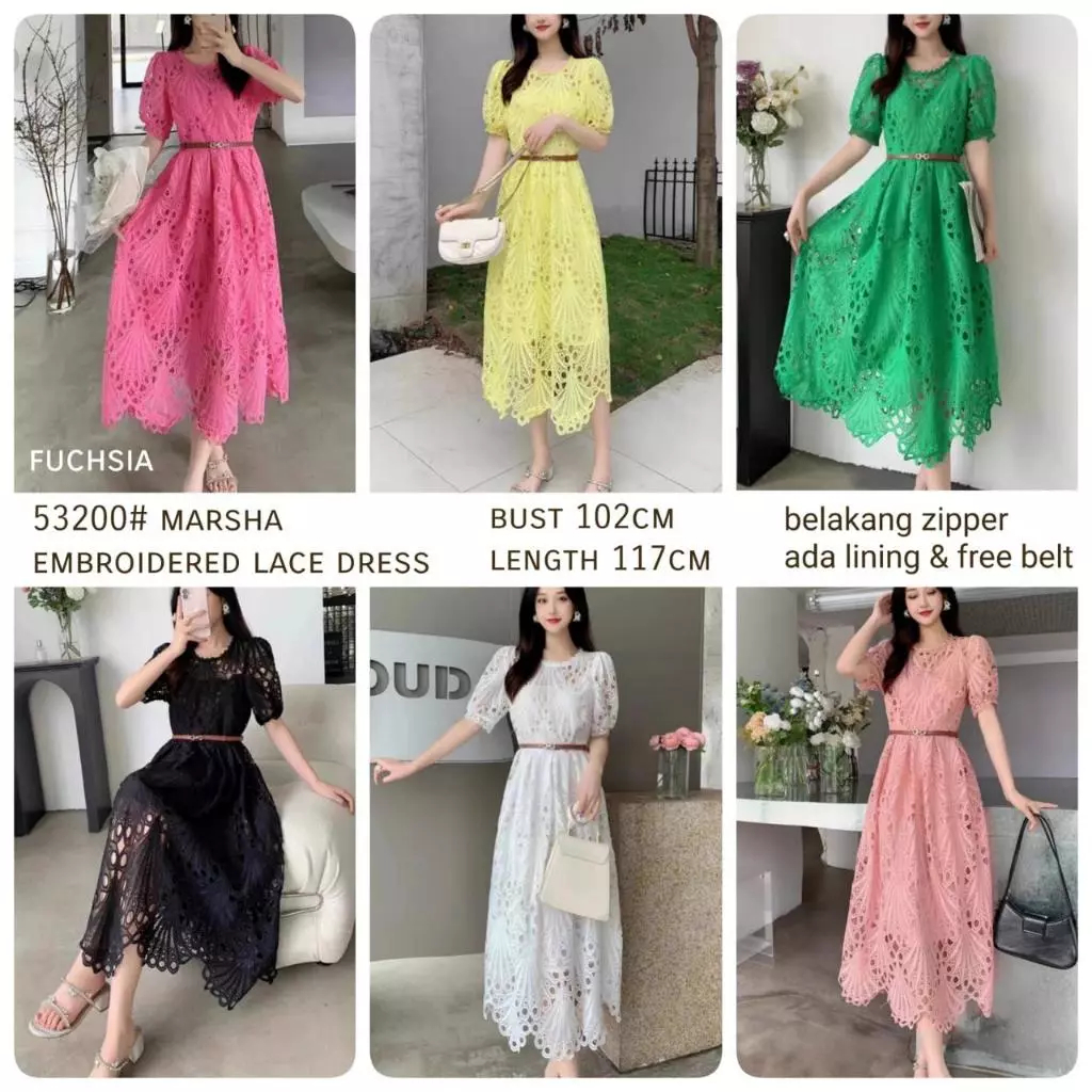 Dress Brokat Wanita Midi Lace Premium Impor – Lengan Puff Elegan, Dress Pesta/Kondangan/Casual