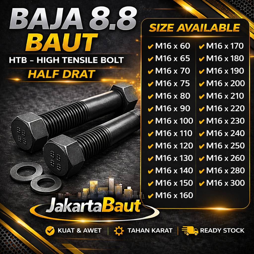 Baja 8.8 Baut M16X190 / Baut 16X190 / M16 X 190 / 16 X 190  Grade 8.8 HTB - High Tensile Bolt Half D