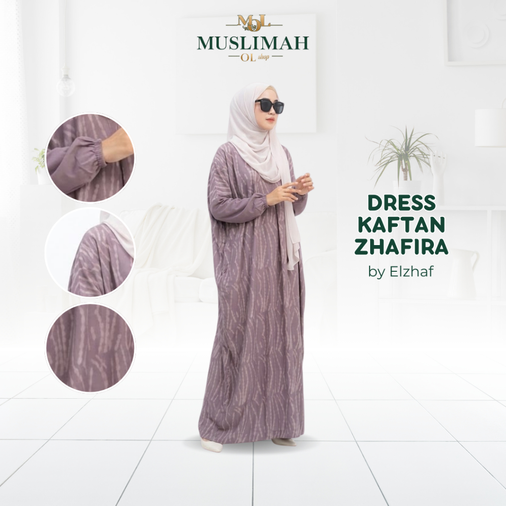 Dress Kaftan Zhafira Gamis Wanita Motif Lengan Panjang Bahan Rayon Premium By Elzhaf