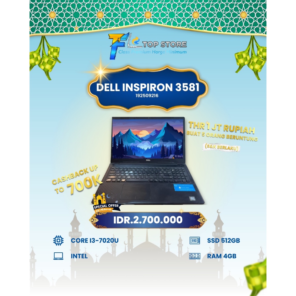 LAPTOP DELL INSPIRON 3581 INTEL CORE I3-7020U RAM 4/512GB