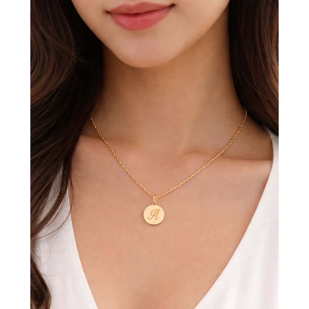 Set kalung dan liontin Model koin inisial huruf A elegant emas asli