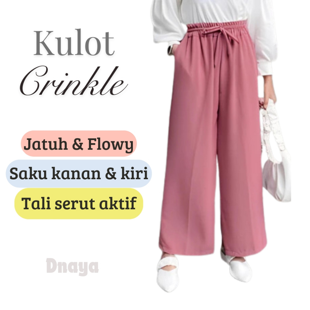 Kulot Crinkle Pink Jatuh Flowy Saku Kanan Kiri Tali Serut Aktif Model Lurus