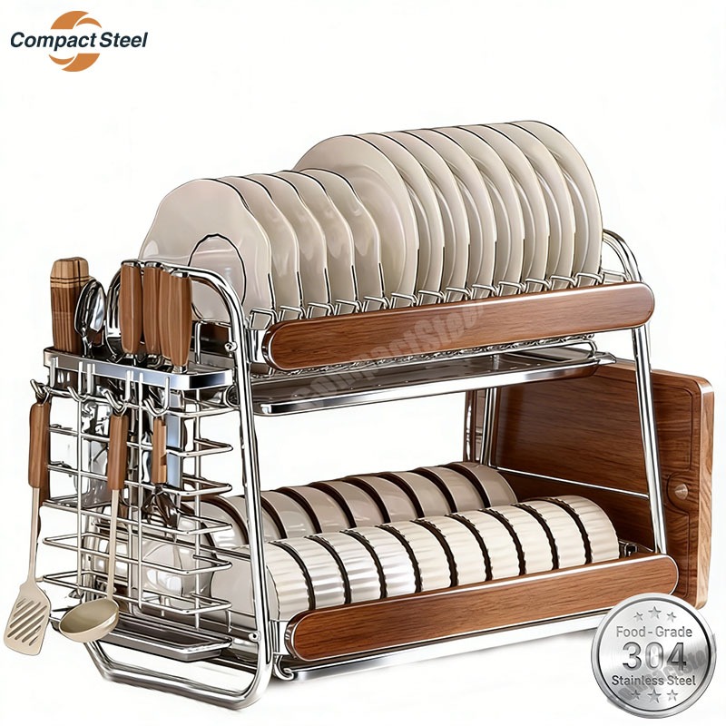 Compact Steel SUS304 Rak Piring Stainless Steel Rak Piring Wastafel Multifungsi Rak Pengering Piring