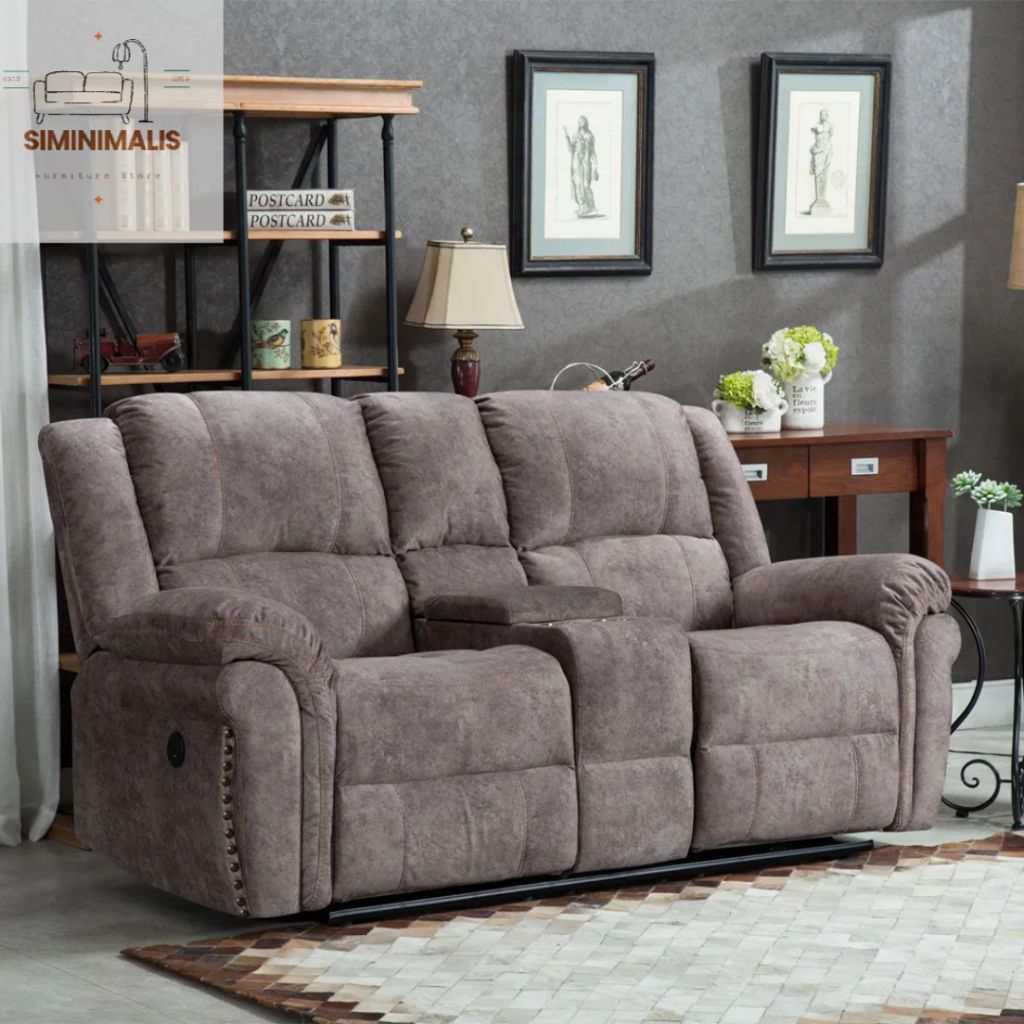 Sofa Recliner 2 Seater Premium dengan Console Box dan Cup Holder Kursi Malas Suede