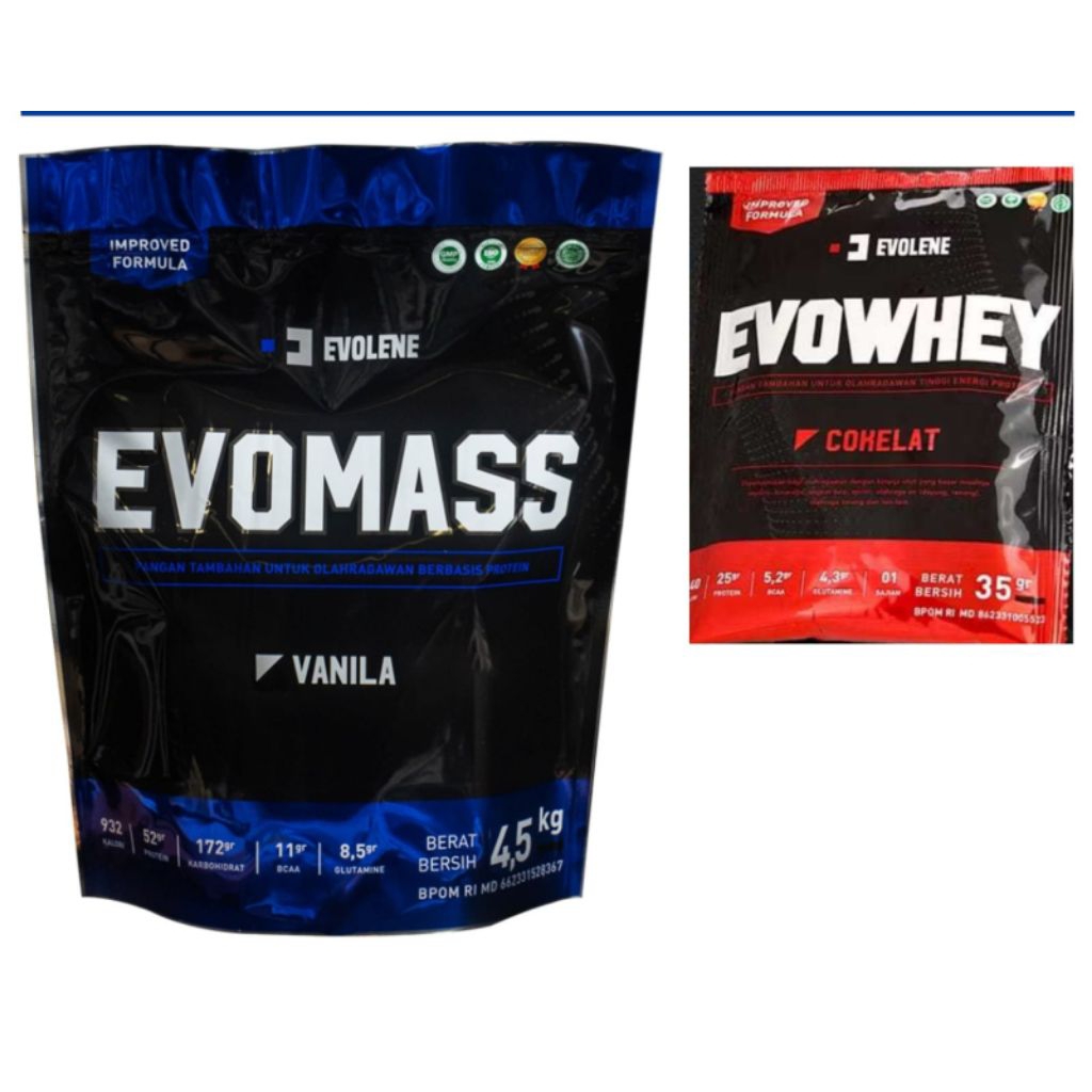 Evolene Evomass Gainer 10Lbs 4.5kg / 4.500gr VANILA Free 1 Saset Evowahey 35gr Suplemen Protein Olah