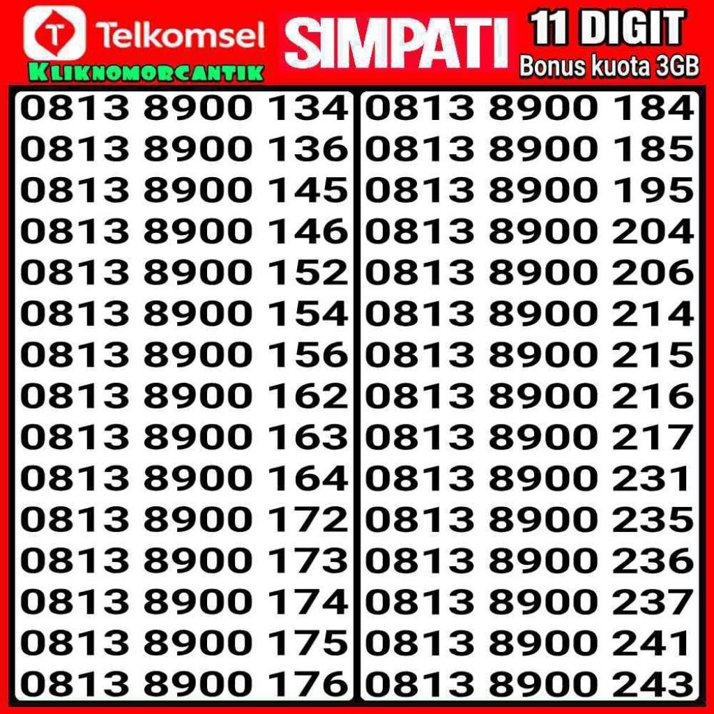 nomor cantik Telkomsel simpati 11 Digit 4G&5G Bonus Kuota 3GB. A1