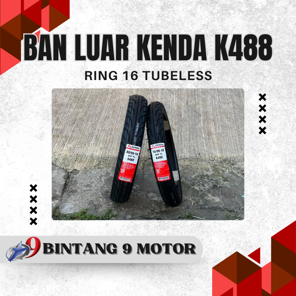 BAN LUAR KENDA K488 RING 16 TUBELESS-BINTANG SEMBILAN MOTOR