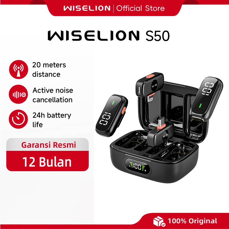 Wiselion Mic S50 Mikrofon Lavalier Nirkabel 1 Drag 2 Dual Receiver 2.4GHz 20M HIFI Noise Cancelling 
