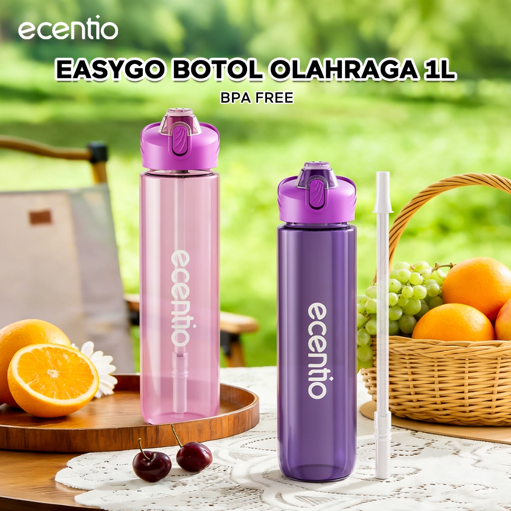Ecentio Botol Minum 1 Liter Portable Botol Air Minum Plastik Aesthetic Sedotan 1000ml Olahraga Bottl