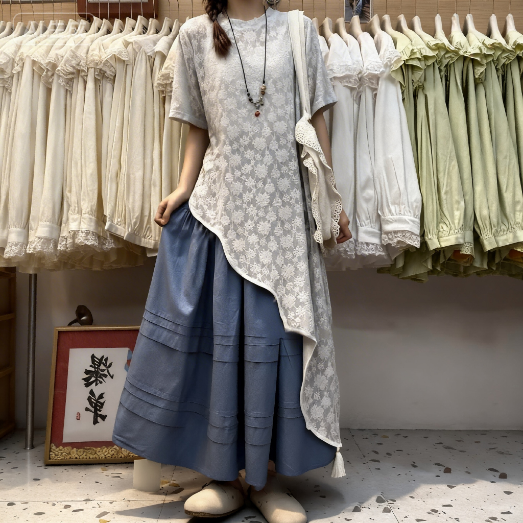 Atasan Brokat Putih Asimetris Lengan Pendek - Gaya Korea Nyaman untuk Dress Casual