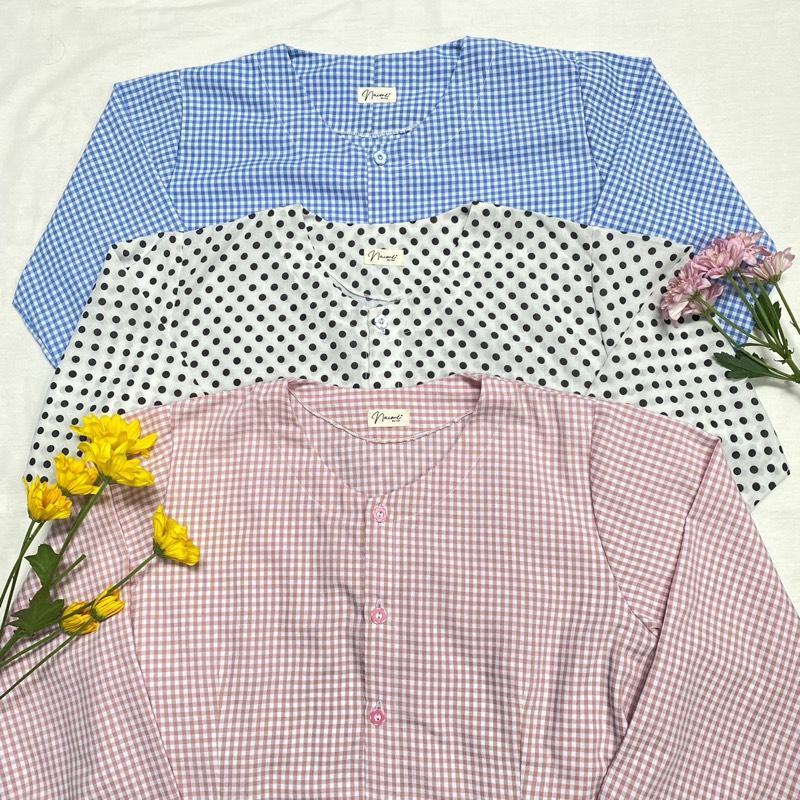 Blouse gingham kotak kotak ruffle lengan panjang