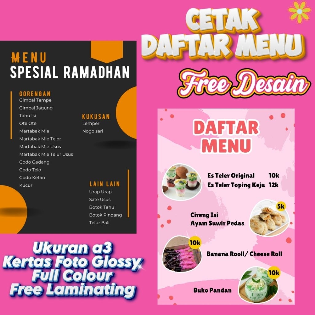 CETAK DAFTAR MENU A3/cetak harga/Cetak daftar menu custom/daftar menu makanan /daftar menu minuman