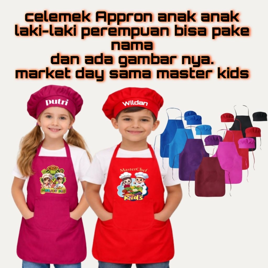 Celemek Anak Karakter + Topi Chef | Bisa Tulis Nama | Outfit Market Day