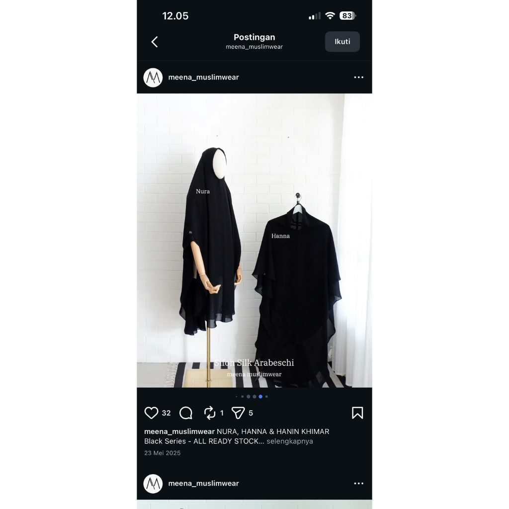 Khimar Hanna non pad meena muslimwear hitam bahan chiffon silk arabeschi