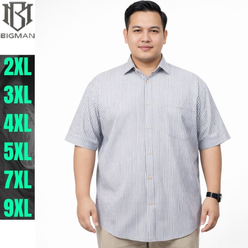 Kemeja Pria Jumbo Lengan Pendek Hem Salur Stripe Garis garis Big size Premium