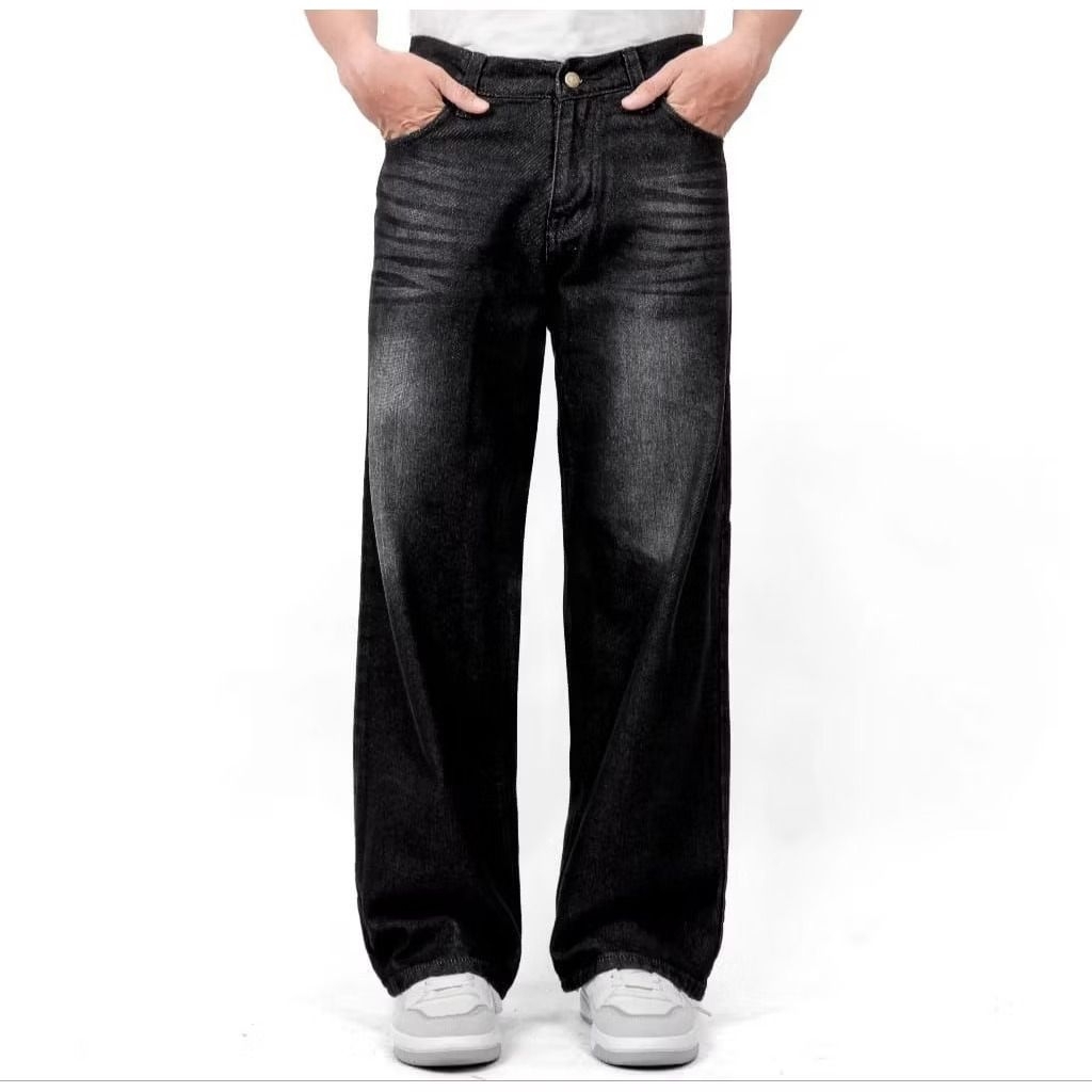 (Unisex) Celana Panjang Pria Celana Jeans Oversize Loose Pants Jeans Hitam Wisker