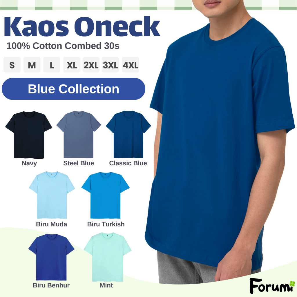 Kaos Polos Pria Katun Warna Biru Navy Biru Muda Biru Klasik Biru Gelap Biru Benhur Mint Steel Blue B