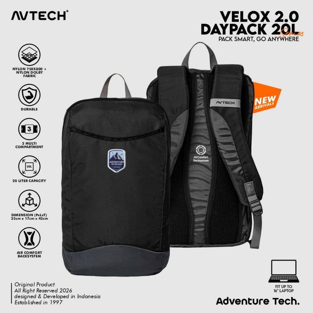 AVTECH - Tas Ransel Daypack Laptop Harian Sekolah Kerja Travel Bag Lifestyle 20 Liter - VELOX 20