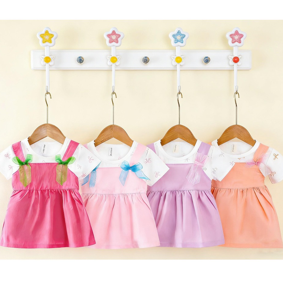 Dress Anak Perempuan Lengan Pendek Pita Putih Korean Style Usia 1-5 Tahun - Pink