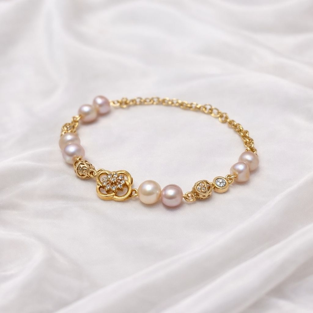 Gelang Mutiara Asli Lombok Premium Wanita – Freshwater Pearl Bracelet Rantai Emas Elegan Model Bunga