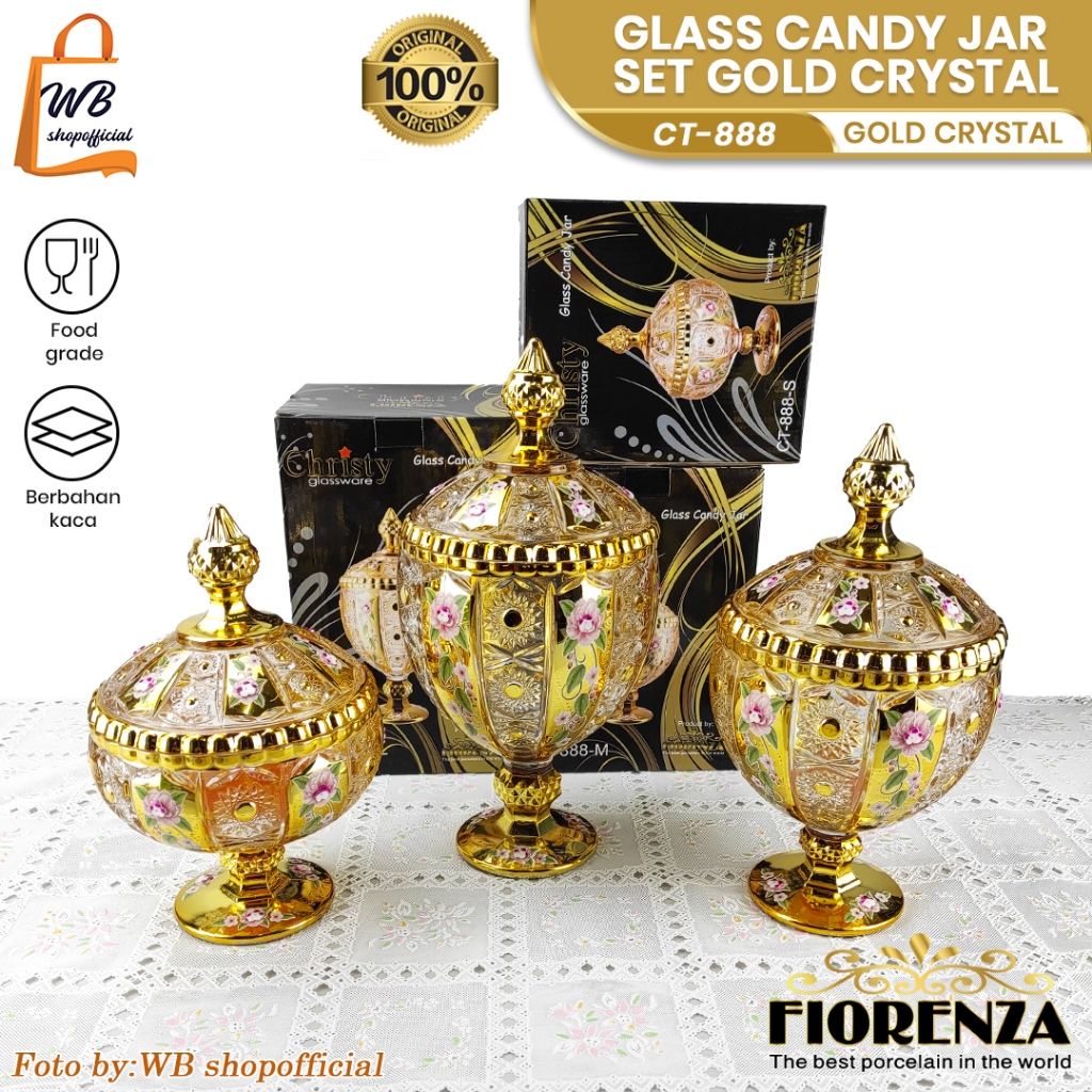 FIORENZA toples kaca set 3 tempat permen snack motif gold crystal CHRISTY CT-888 / glass candy food 