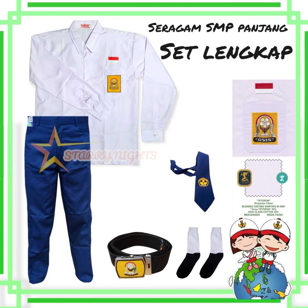 Setelan Seragam SMP Biru Putih Baju Panjang Celana Panjang