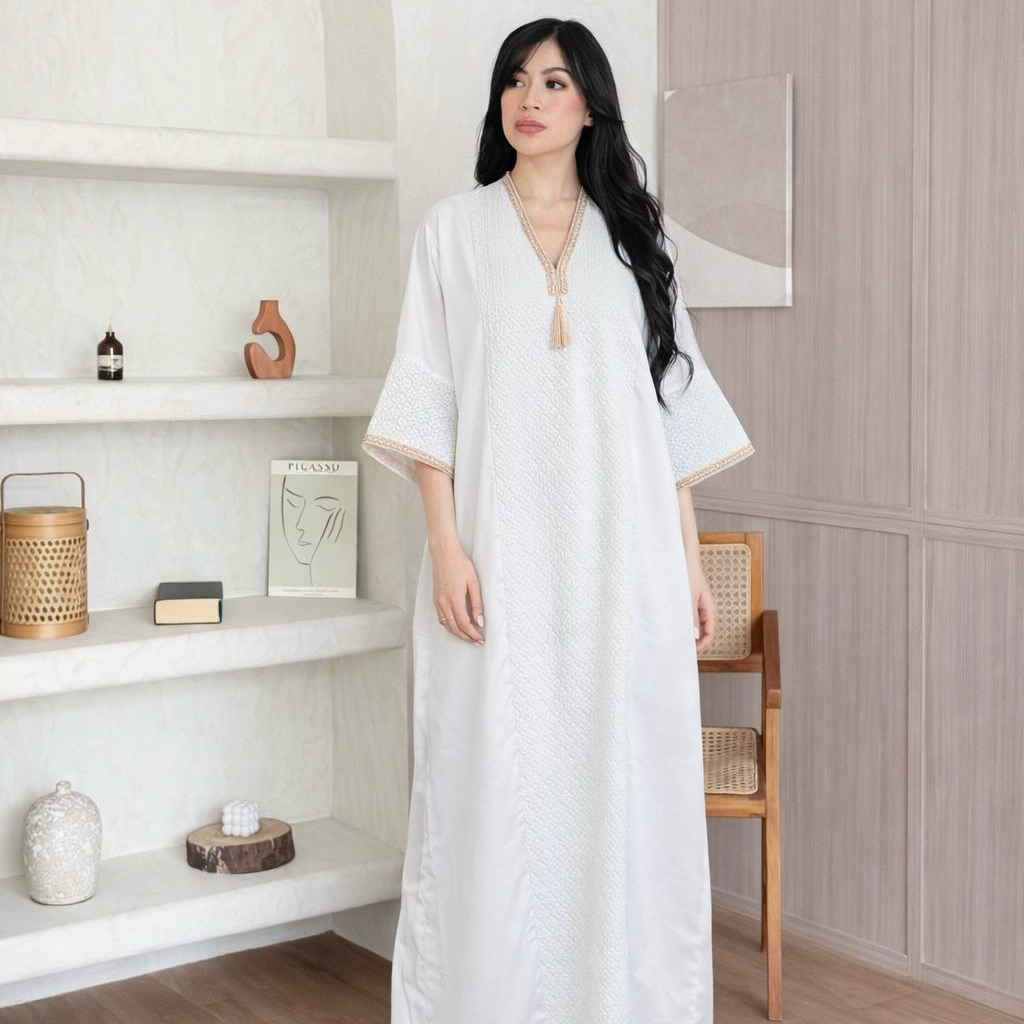 Rora Abaya Satin Putih | Kaftan Abaya Dress Satin Raya Lebaran