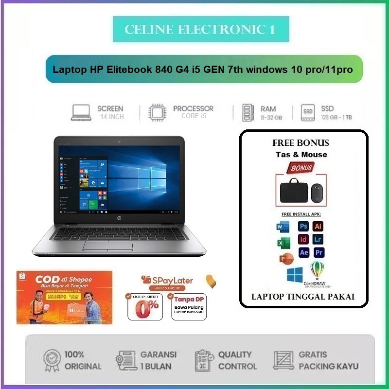 Tinggal Pakai Laptop HP Elitebook 840 G4 i5 GEN 7th windows 10 pro/11pro