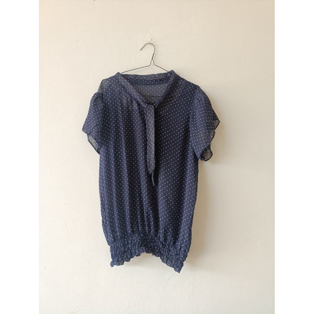 Deep Navy Polka Blouse Top Kerut bawah