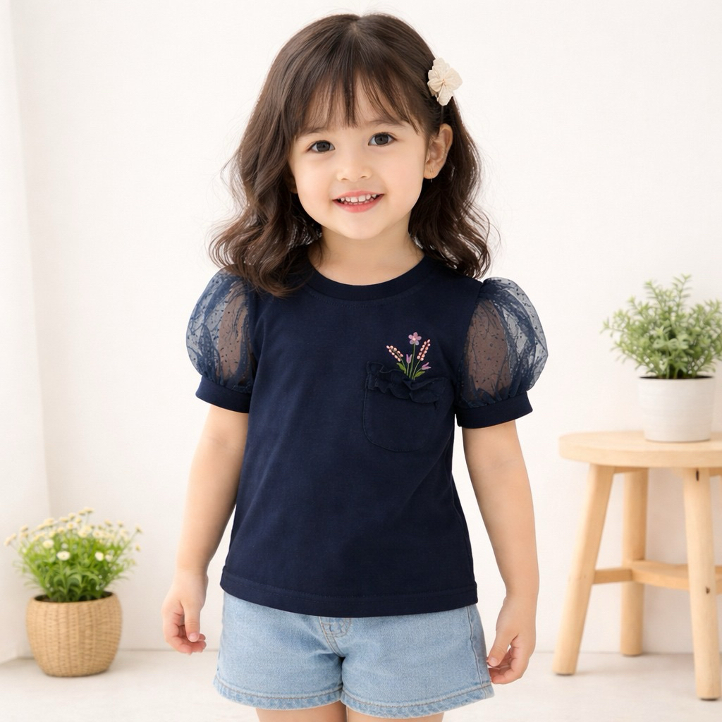 Dena Top Anak Perempuan Bahan Katun Combed Kaos Lengan Puff Tile Usia 1-8 Tahun