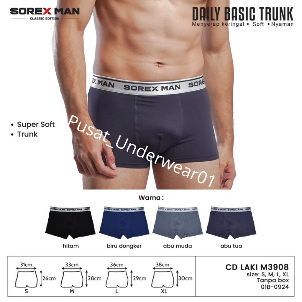 Sorex Man Cd Celana Dalam Pria Boxer M3908 Katun Super Soft Isi 3 Pcs Mix Warna Size S M L XL