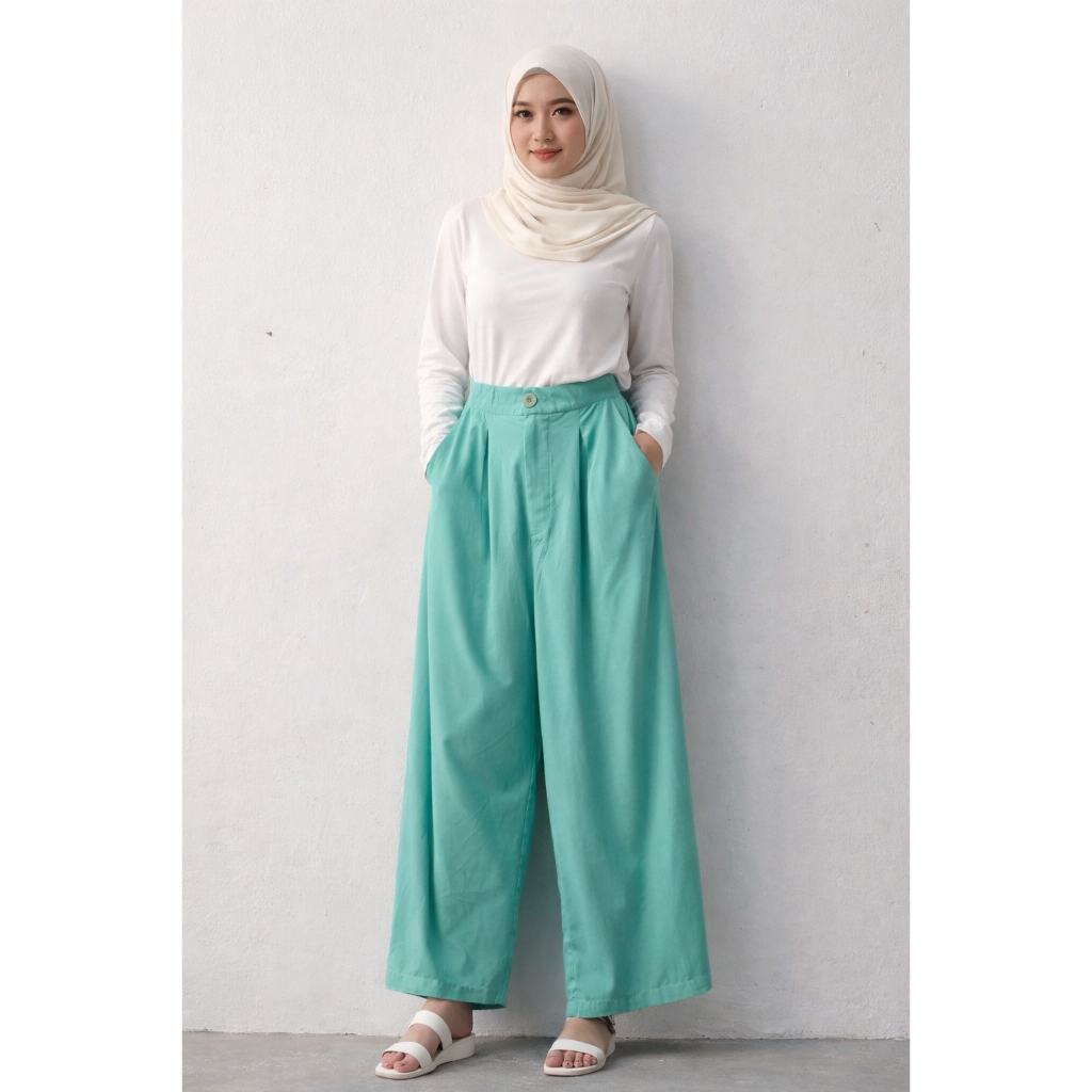 Celana kulot polos katun rayon adem nyaman pinggang belakang karet hijau mint