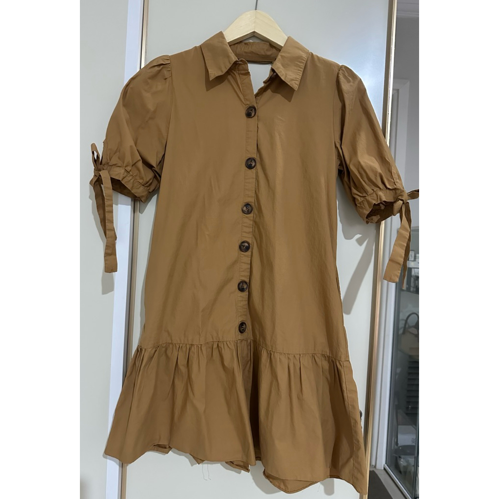 PRELOVED] Dress Kemeja Earth Tone – Vintage Puff Sleeves (Aesthetic & Trendy)