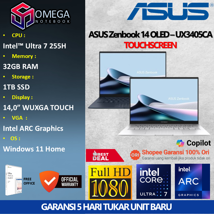 ASUS Zenbook 14 OLED TOUCH UX3405CA Ultra 7 255H 32GB 1TB Windows 11 + Office