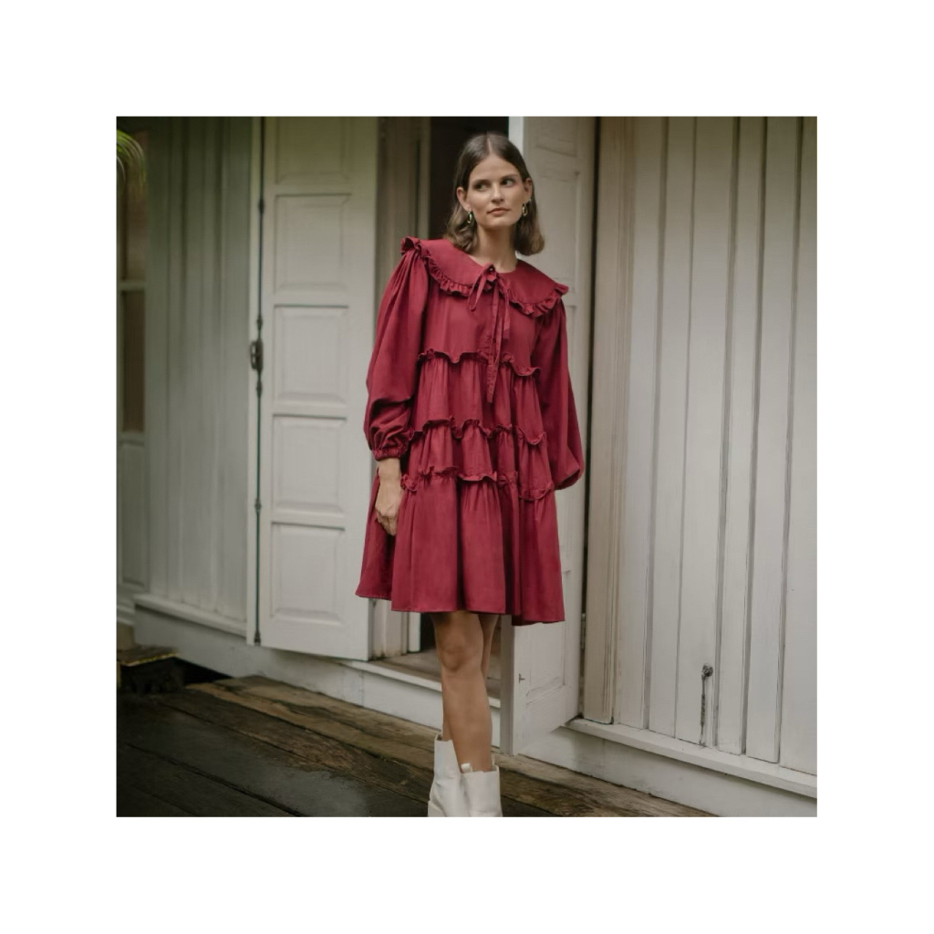 [Like new] Miroir belva maroon dress lolita ruffles baju wanita kawaii dengan collar dan pita
