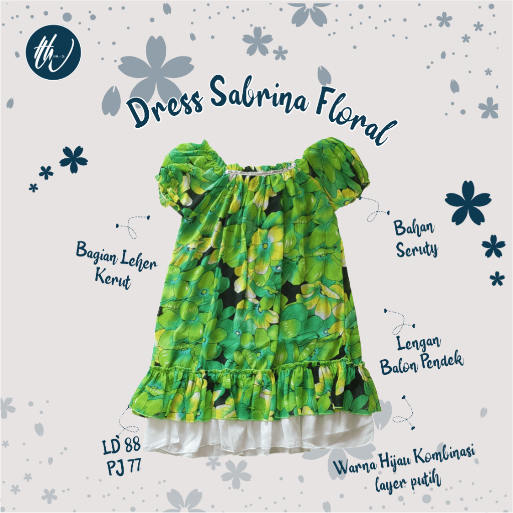 Dress Hijau Ceruty Preloved | Dress Sabrina Floral Lengan Balon