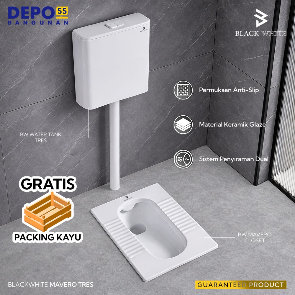 Blackwhite Kloset Jongkok Modern Flush Full 1 Set Mavero Tres / Closet Wc Toilet Jongkok Otomatis