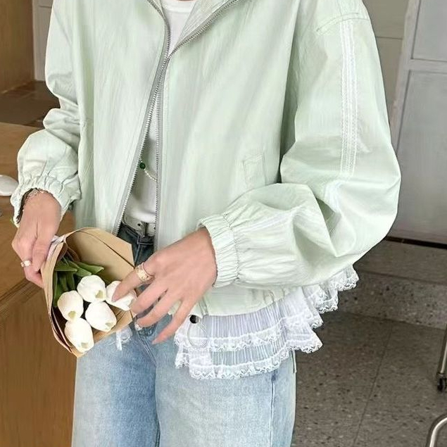 Jacket renda-splicing vest, jaket wanita, blouse longgar, jaket renda-splicing vest