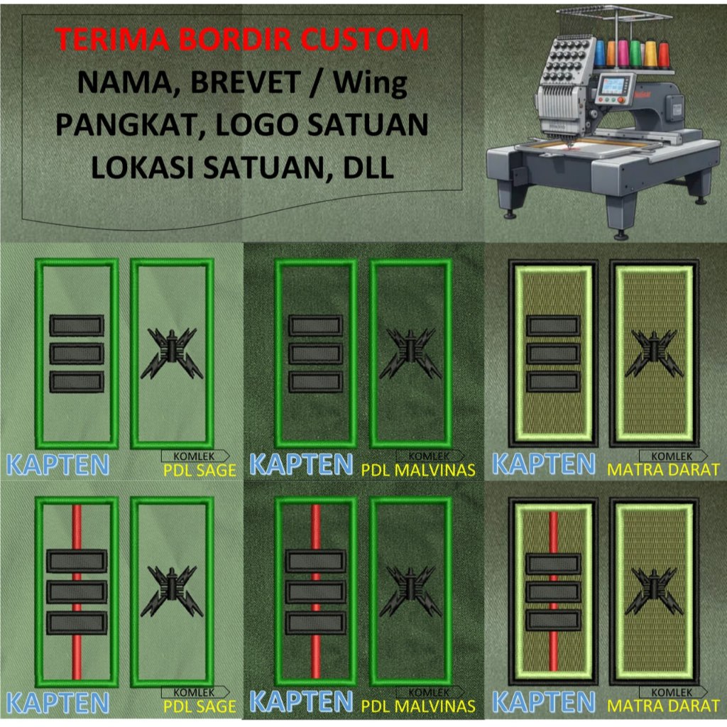 PATCH BORDIR brevet TNI TANDA PANGKAT PERWIRA PDH PDL TNI AD MALVINAS SAGE MATRA DARAT KOSTRAD EMBRO