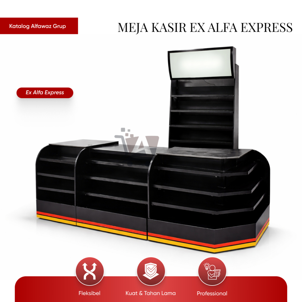 Meja Kasir + Backwall Minimarket Ex Alfa Express | Paket Meja Kasir Toko + Rak | Perlengkapan Minima