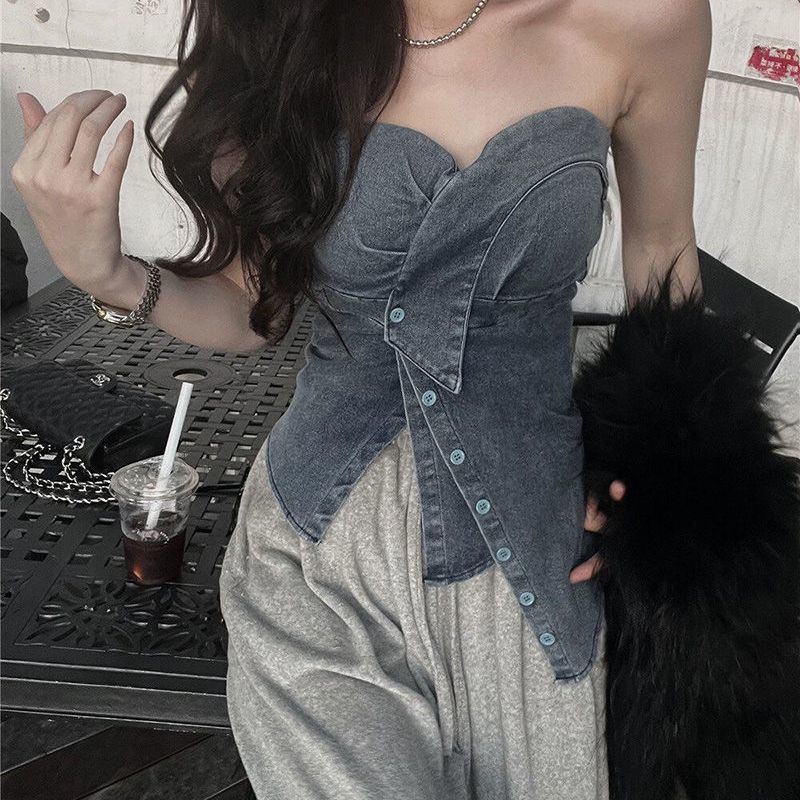 Rompi denim musim panas yang menonjolkan pinggang dan membuat tubuh terlihat lebih ramping