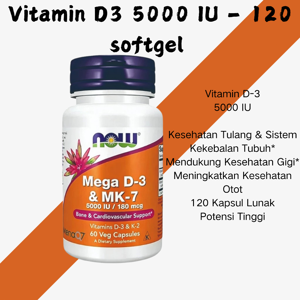 Now Mega D-3 & MK-7 (D3 5000 IU & MK-7 180 mcg) 60 Kapsul Vegetarian, Vitamin MK7, Vitamin MK7, Vita