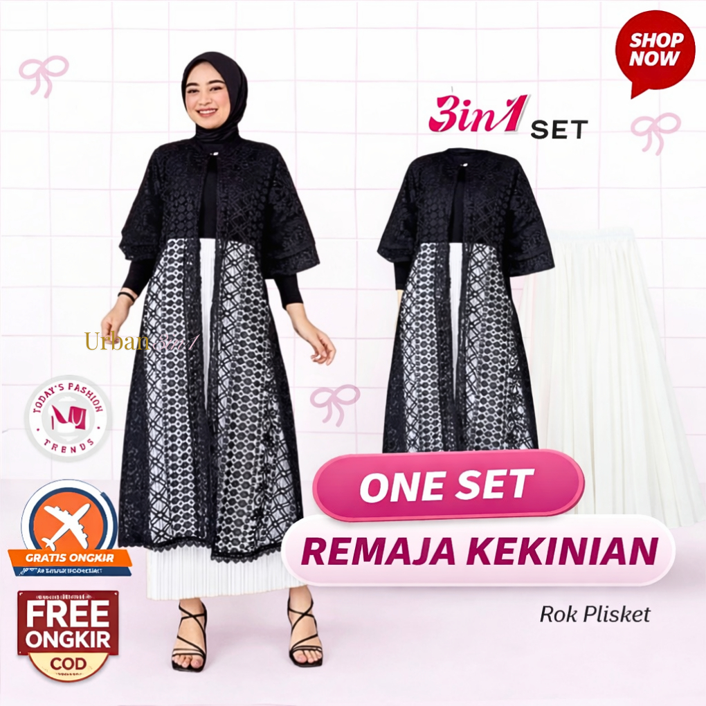One Set 3in1 Dress Well ( Outer Brukat Ruffle + Rok Plisket + Hijab + Manset ) Baju Kondangan Lebara