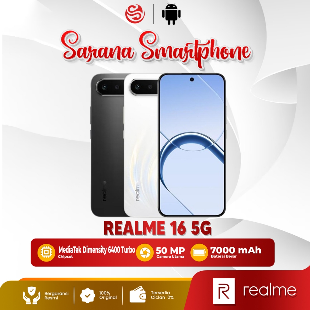 Realme 16 5G 8/256GB HP Realme Kamera Sony 50MP 7000mAh 60W Fast Charge Garansi Resmi