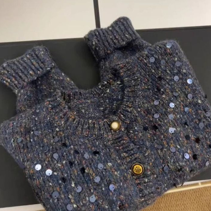 Xiaofang biru sequin kemeja rajutan sweater mantel pakaian wanita luar mantel