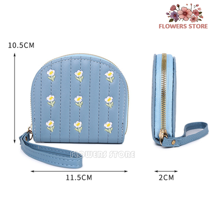 Dompet Koin Wanita Mini Bordir Bunga Daisy – Dompet Kecil Resleting Lucu dengan Tali